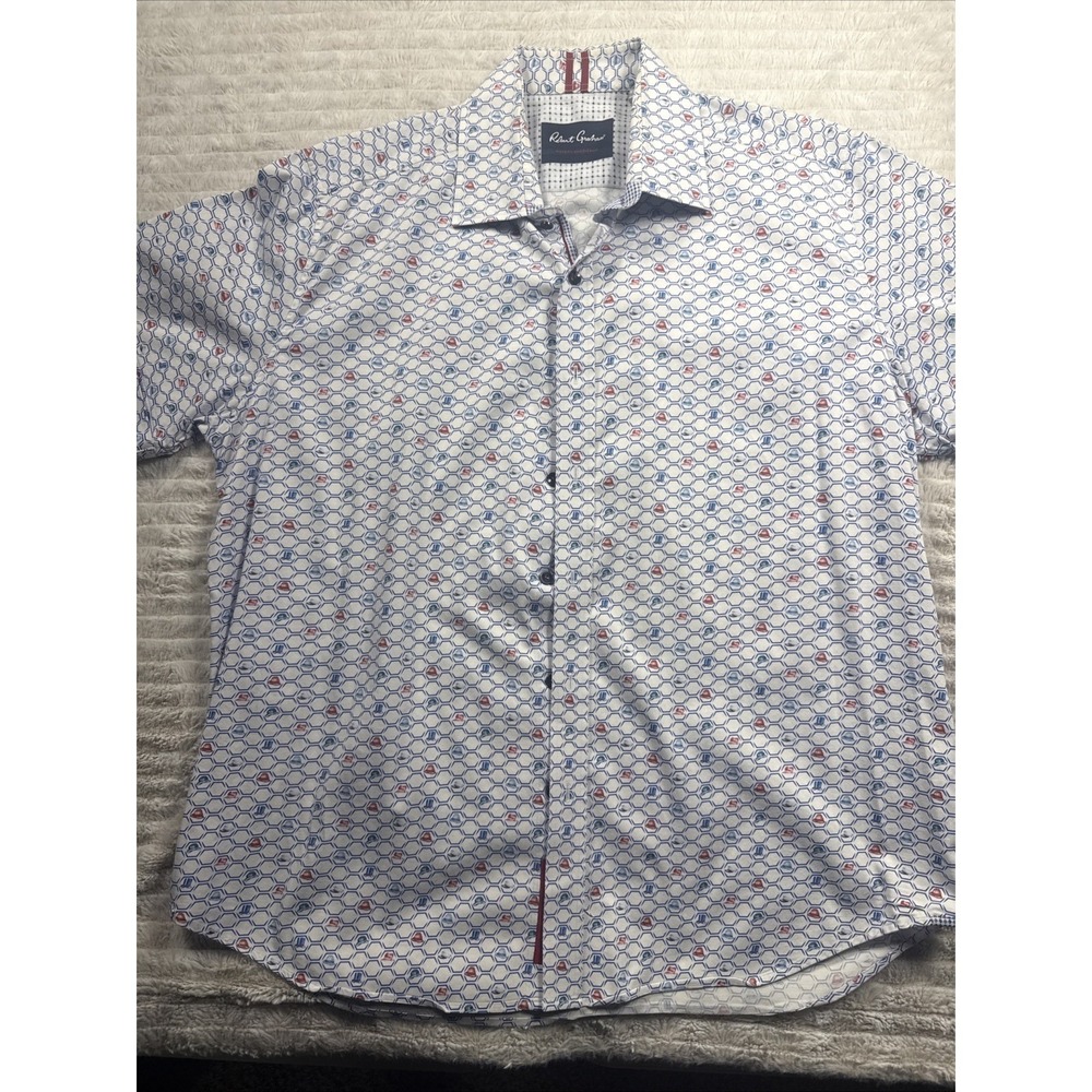 Robert Graham Button Down Shirt Mens Size XXL White Geometric Hexagon Print‎